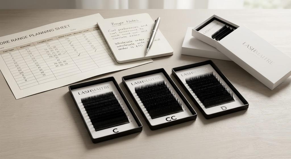 C vs CC vs D curl lashes - LASHMAITRE core range planning sheet with C CC and D lash trays