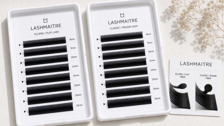 ellipse lashes vs classic lashes - LASHMAITRE side by side ellipse flat lash and classic lash tray comparison board
