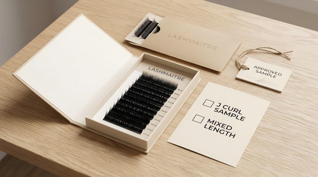 j curl lash extensions - LASHMAITRE J curl mixed length tray with sample card and approved sample tag