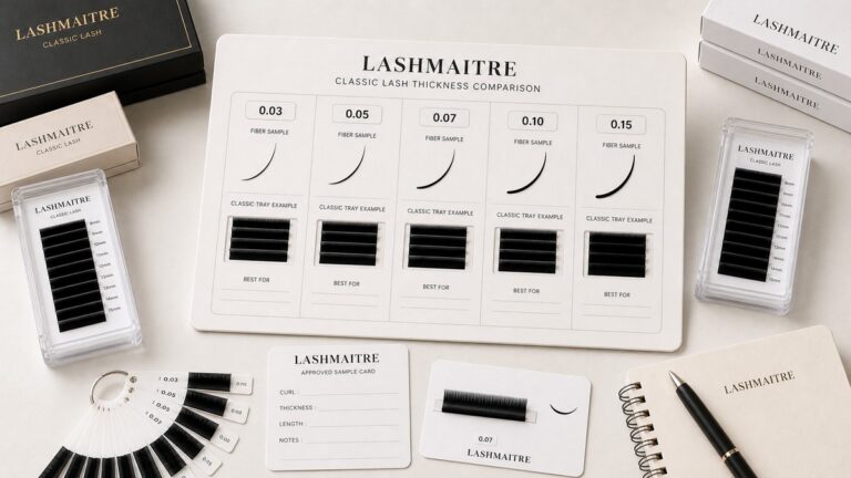 lash thickness chart - LASHMAITRE branded wholesale buyer thickness chart comparing 0.03 0.05 0.07 0.10 and 0.15 lash trays