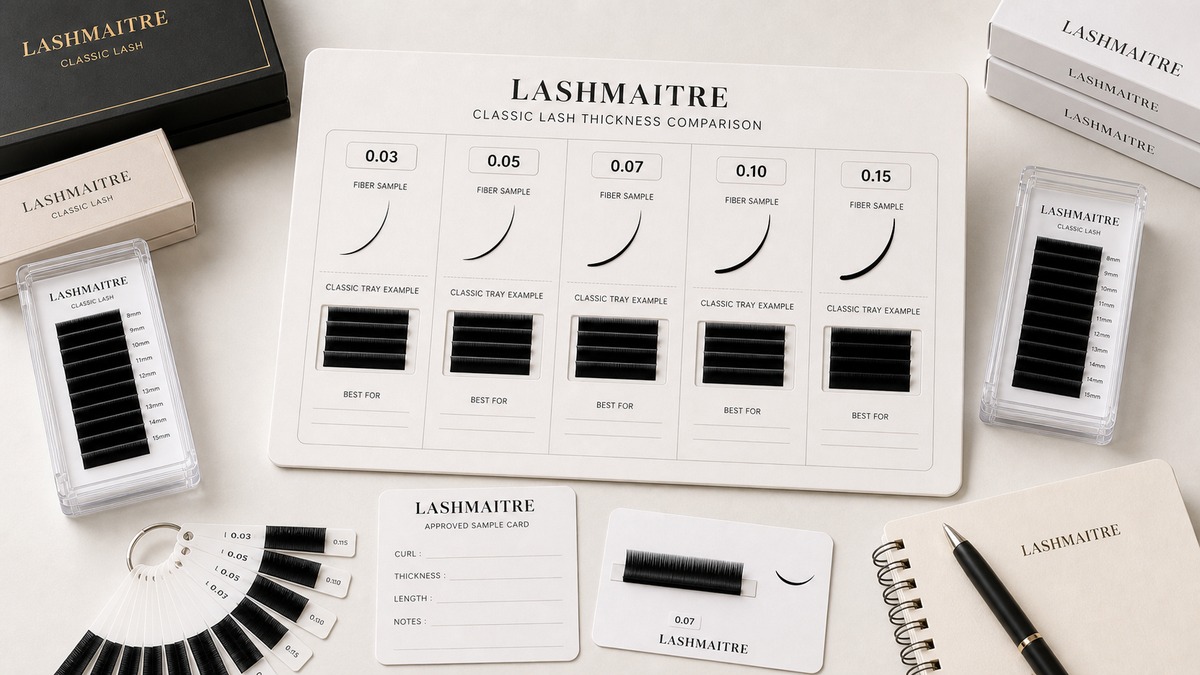 lash thickness chart - LASHMAITRE branded wholesale buyer thickness chart comparing 0.03 0.05 0.07 0.10 and 0.15 lash trays