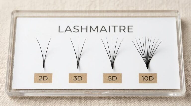 LASHMAITRE premade fan D-count selection board comparing 2D 3D 5D and 10D samples