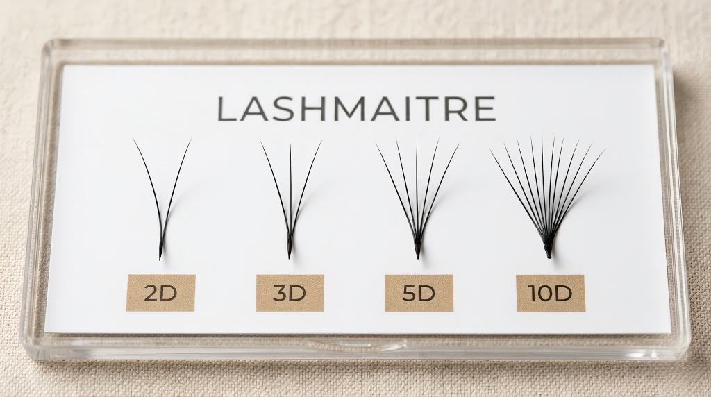 LASHMAITRE premade fan D-count selection board comparing 2D 3D 5D and 10D samples