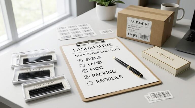 LASHMAITRE lash extension bulk order checklist with specs label MOQ packing reorder and carton materials