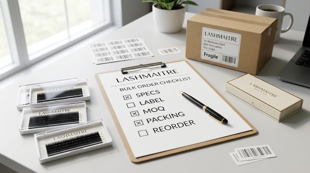 LASHMAITRE lash extension bulk order checklist with specs label MOQ packing reorder and carton materials