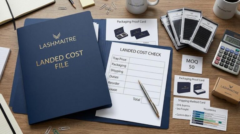 LASHMAITRE lash extension landed cost file with wholesale lash trays MOQ note packaging proof and cost worksheet