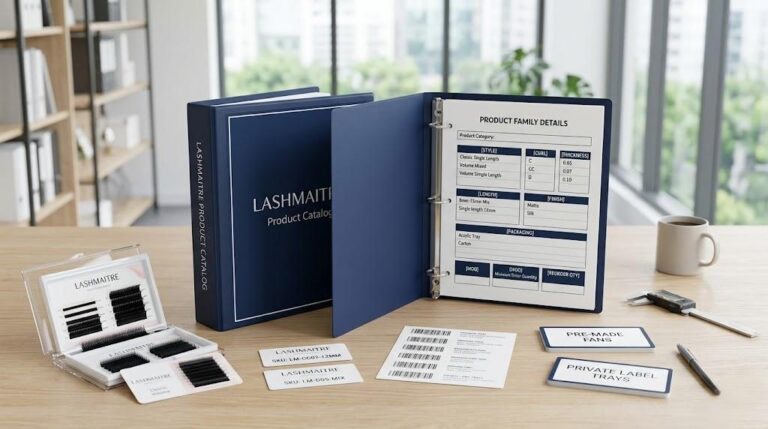 LASHMAITRE lash product catalog template binder with lash samples SKU cards and product family details
