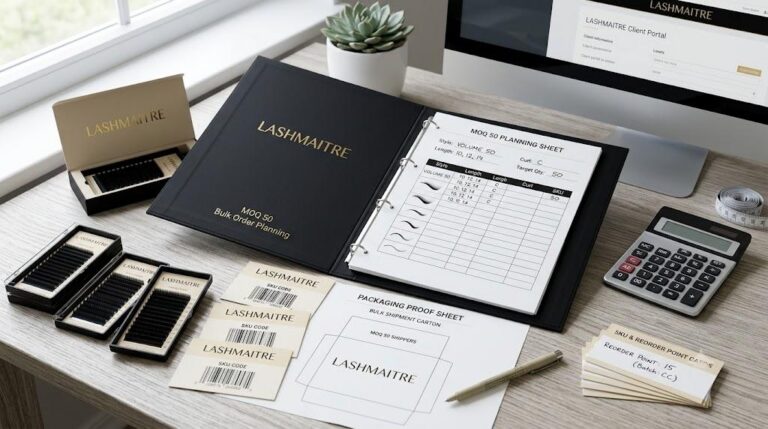 LASHMAITRE MOQ 50 planning sheet with lash trays packaging proof and SKU labels