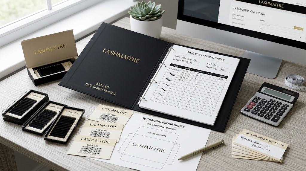 LASHMAITRE MOQ 50 planning sheet with lash trays packaging proof and SKU labels