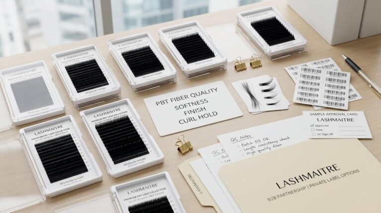 LASHMAITRE PBT lash fiber quality sample desk with softness finish and curl hold check cards