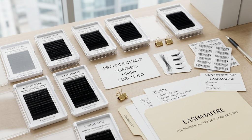 LASHMAITRE PBT lash fiber quality sample desk with softness finish and curl hold check cards