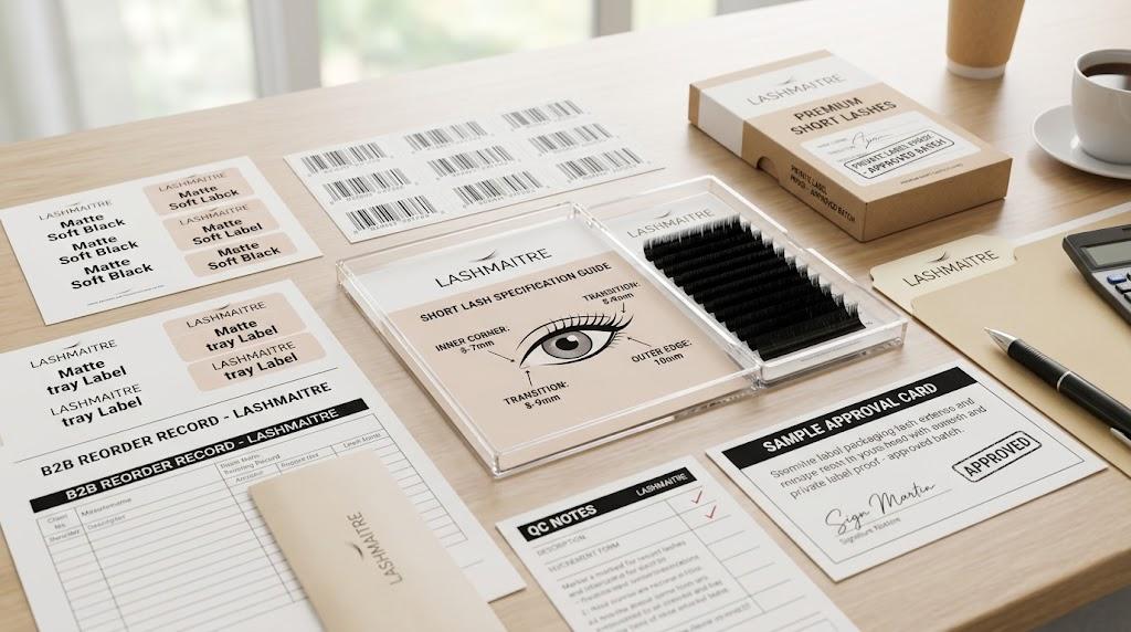 LASHMAITRE short lash extensions reorder record with tray labels QC notes and sample approval card