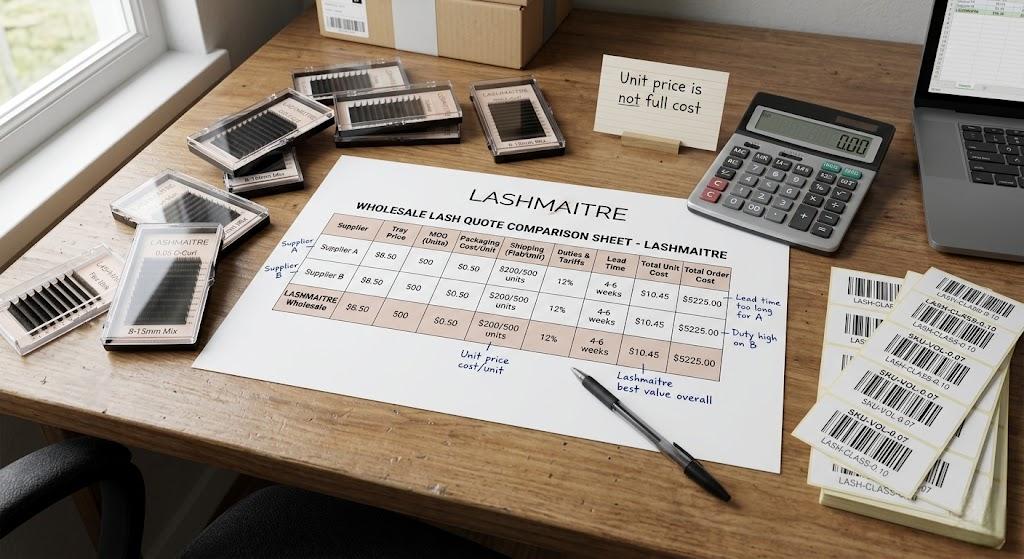 LASHMAITRE wholesale lash quote comparison sheet with unit price MOQ packaging shipping duties and total cost