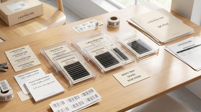 LASHMAITRE wispy lash extensions wholesale tray planning with spike rows mixed length cards sample approval and QC notes