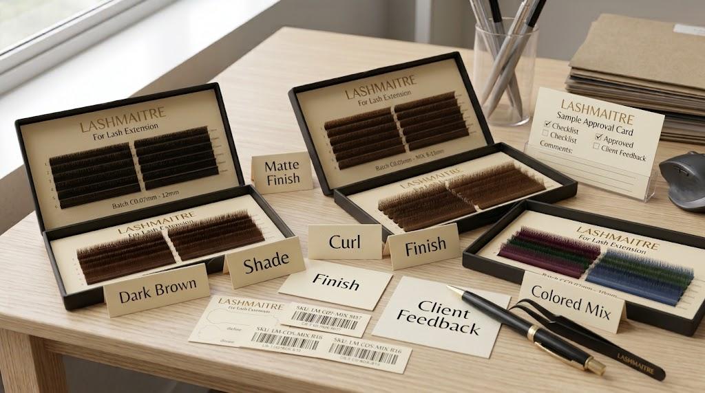 LASHMAITRE colored lash samples with shade curl and finish approval cards