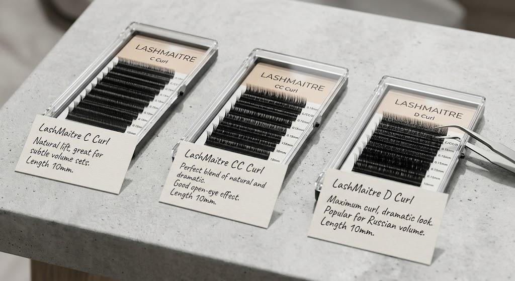 C vs CC vs D curl lashes - LASHMAITRE C CC and D trays compared with handwritten buyer notes