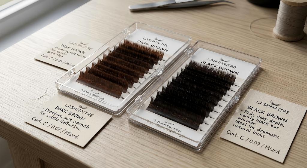 dark brown lash extensions - LASHMAITRE dark brown vs black brown lash sample comparison with same curl thickness and length
