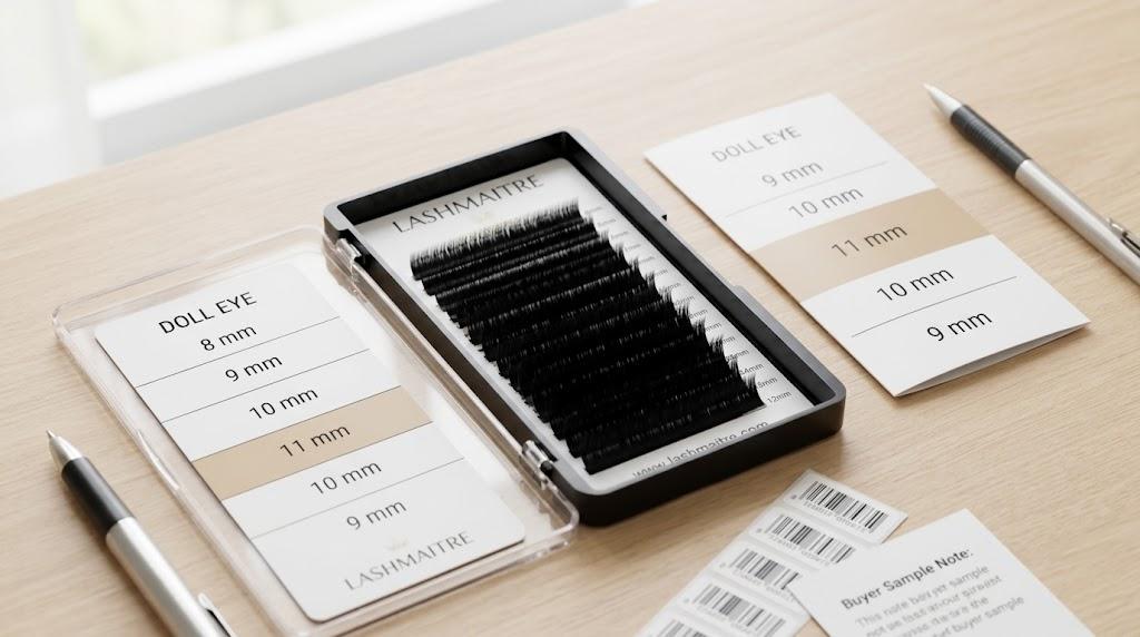 LASHMAITRE doll eye lash length map card with center length range and branded sample tray