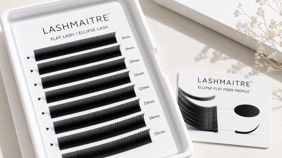 ellipse lashes vs classic lashes - LASHMAITRE ellipse flat fiber profile closeup with branded tray card and comparison notes