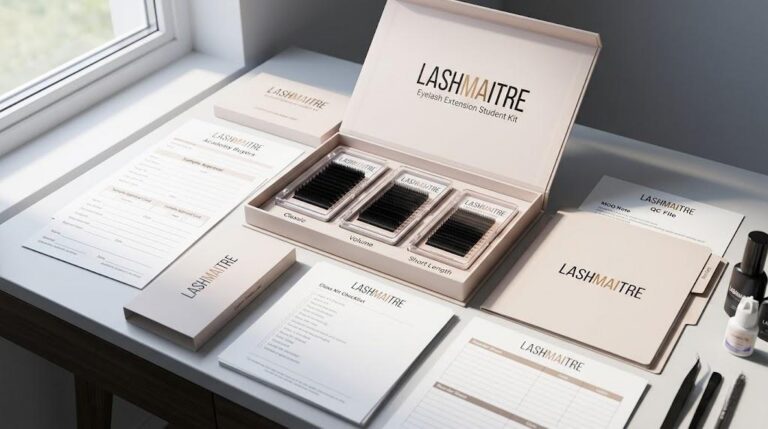 LASHMAITRE eyelash extension student kit with sample trays tray labels QC file and private label packaging proof for lash educators