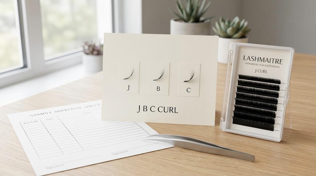 j curl lash extensions - LASHMAITRE J B C curl comparison card beside J curl sample tray