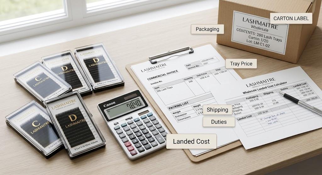 LASHMAITRE wholesale lash quote landed cost calculator with lash trays commercial invoice packing list and carton label