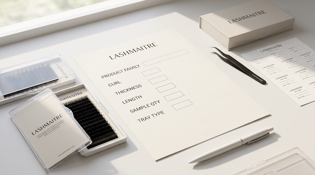 lash supplier brief email template - LASHMAITRE product spec fields for curl thickness length and sample quantity