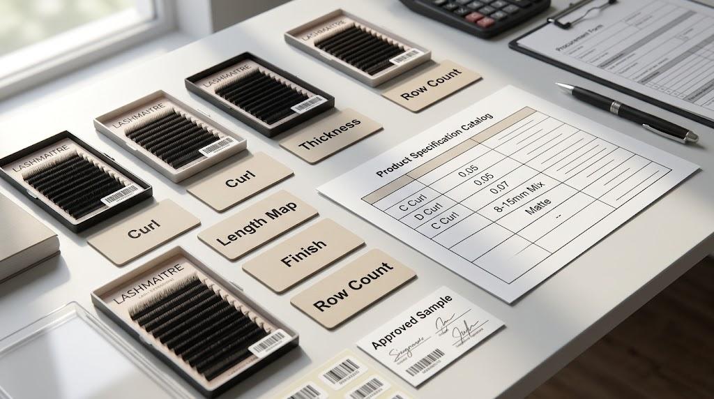 Lash product specification catalog with curl thickness length map finish and row count cards