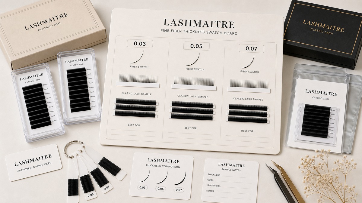 lash thickness chart - LASHMAITRE 0.03 0.05 and 0.07 fine fiber swatch board for volume and hybrid planning