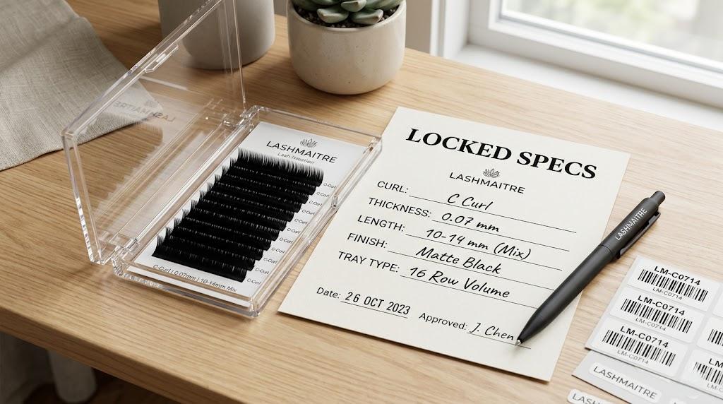 LASHMAITRE locked lash specs bulk order file with curl thickness length finish and tray type