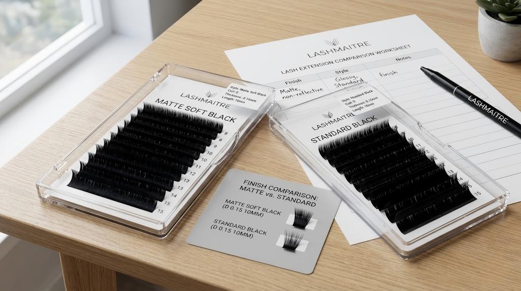 matte lash extensions wholesale - LASHMAITRE matte soft black versus standard black lash tray comparison