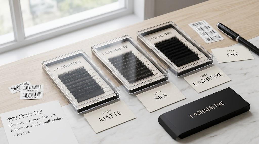 LASHMAITRE PBT lash trays comparing matte silk and cashmere-like finish samples