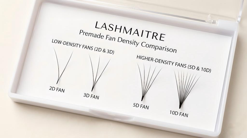 LASHMAITRE premade fan density comparison with 2D 3D 5D and 10D branded samples