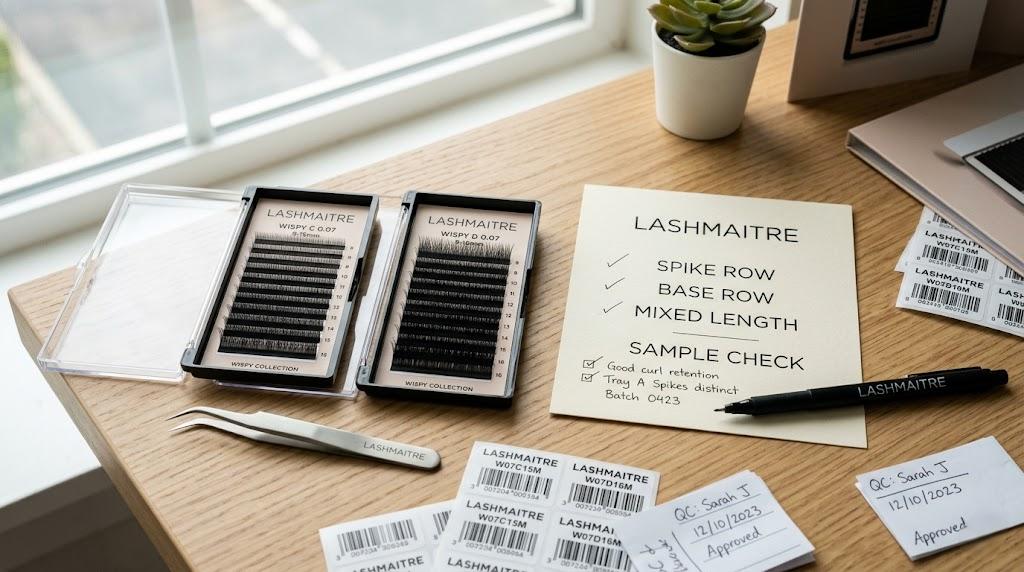 LASHMAITRE wispy lash spike row base row and mixed length sample check with labels