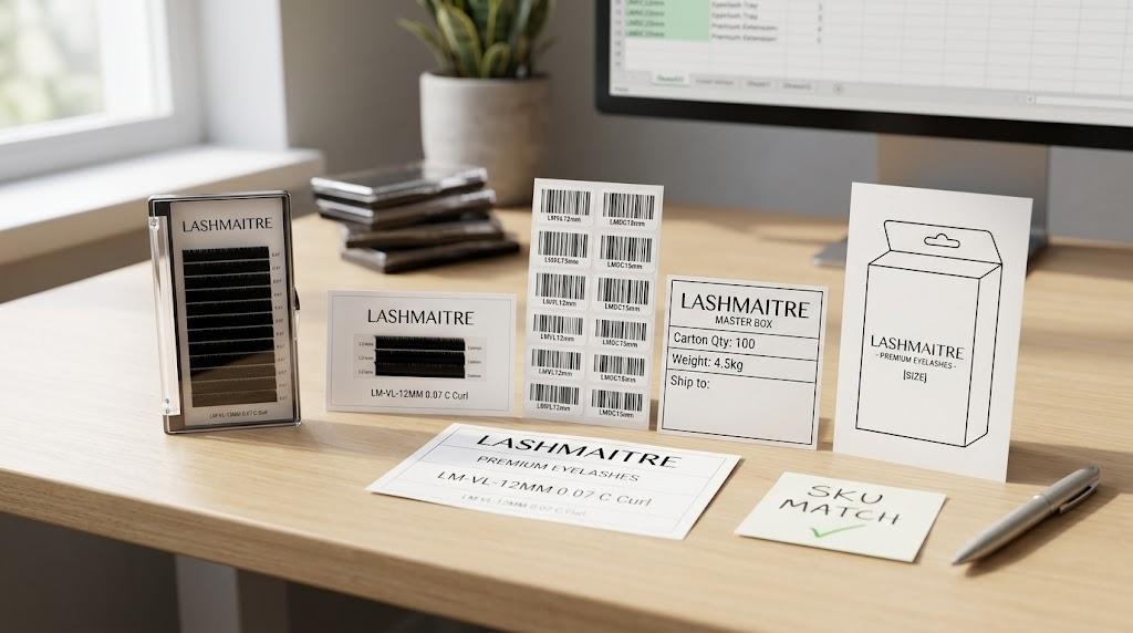 LASHMAITRE bulk lash SKU label and carton match desk with barcode labels and master box notes
