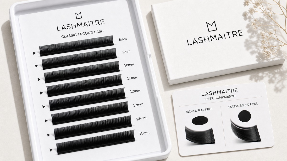 ellipse lashes vs classic lashes - LASHMAITRE classic round fiber comparison tray with dense lash strip rows and label notes