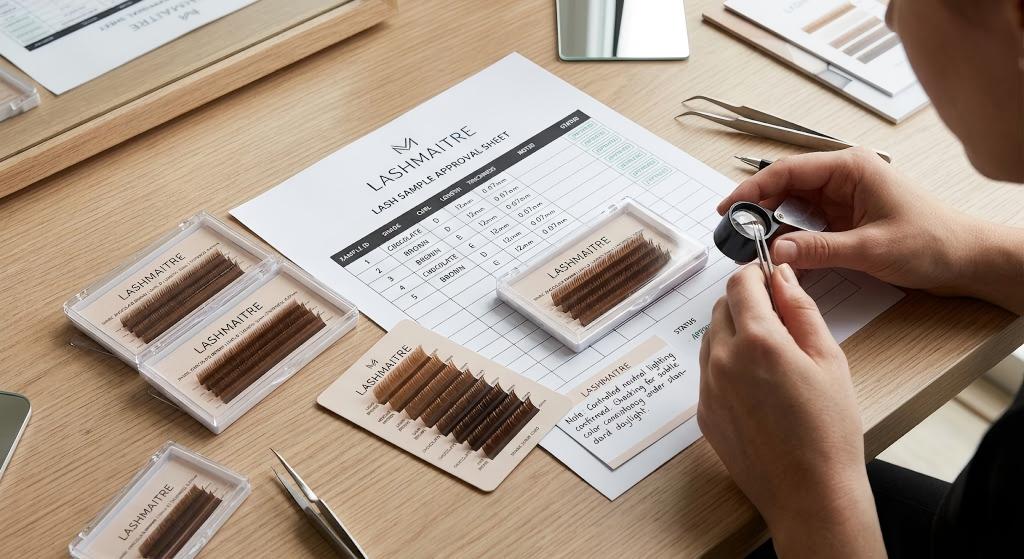dark brown lash extensions - controlled LASHMAITRE brown shade lighting check with sample approval sheet