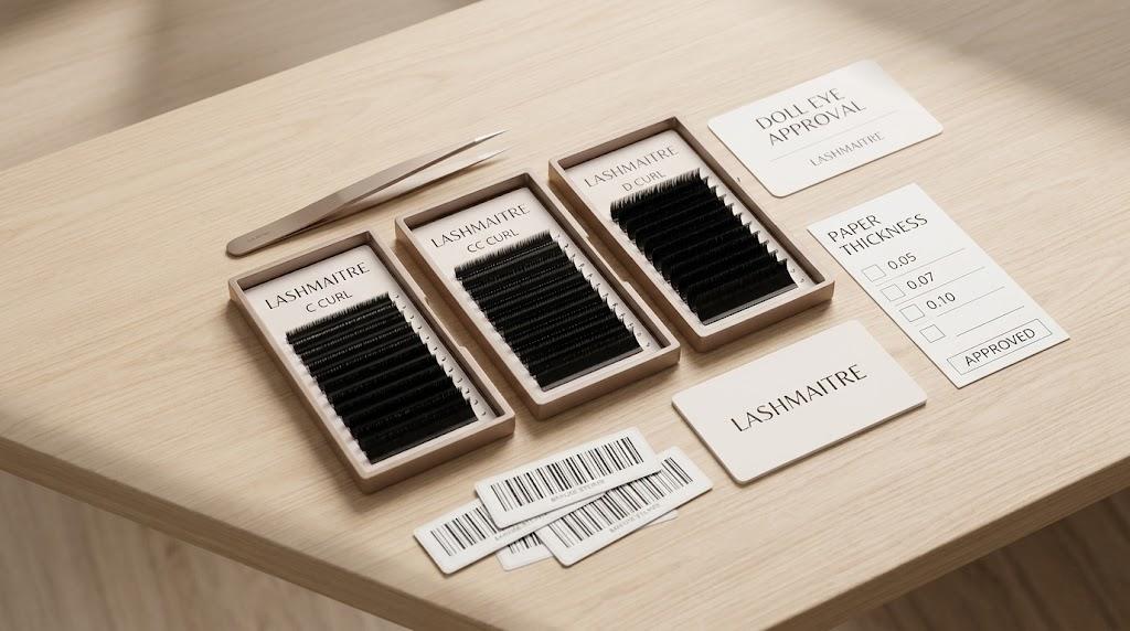 LASHMAITRE doll eye lash curl and thickness approval setup for wholesale tray sampling