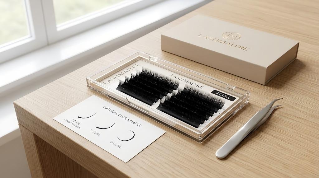 j curl lash extensions - LASHMAITRE natural curl sample tray with curl reference card and private label box