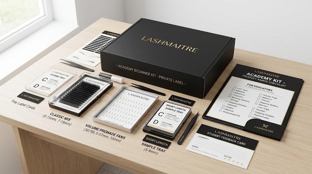 LASHMAITRE eyelash extension student kit with classic volume and short length sample trays product range checklist and feedback card