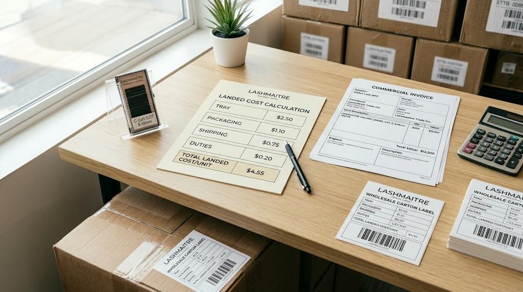 LASHMAITRE landed cost worksheet with shipping documents carton label and lash tray for wholesale order planning