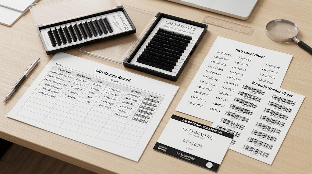 Lash SKU naming record with barcode sticker sheet and LASHMAITRE tray card proof