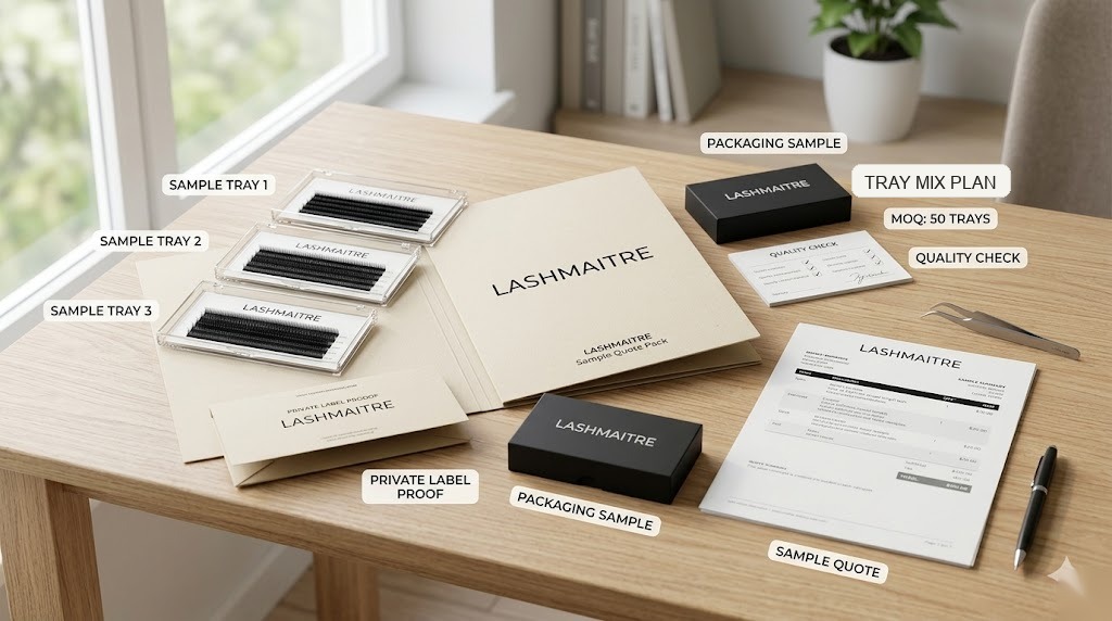 lash supplier brief email template - LASHMAITRE sample quote pack with MOQ private label packaging and quality check notes