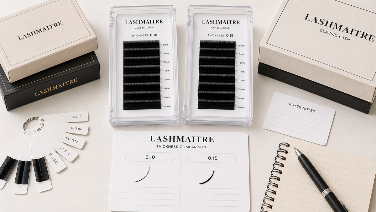 lash thickness chart - LASHMAITRE 0.10 and 0.15 classic lash tray comparison with branded packaging and label notes