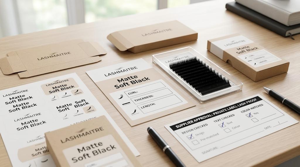 matte lash extensions wholesale - LASHMAITRE matte soft black private label tray label and carton label proof