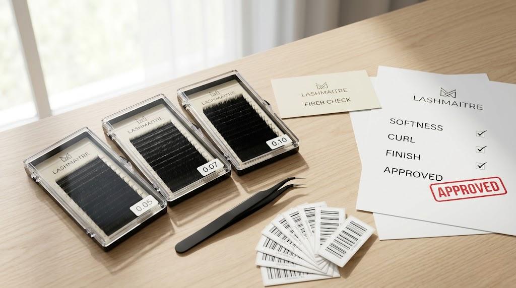 LASHMAITRE PBT lash fiber check with thickness samples finish notes and approval card