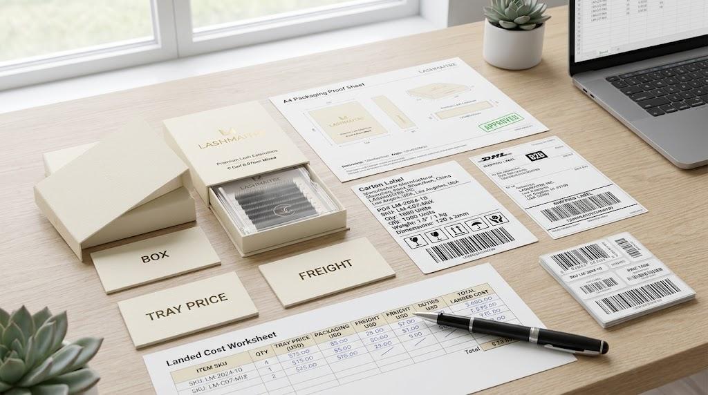 Private label lash tray landed cost worksheet with packaging carton label freight and barcode records