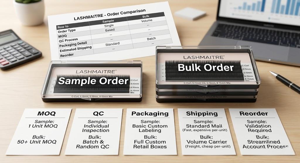 LASHMAITRE wholesale lash quote sample order and bulk order comparison with MOQ QC packaging shipping and reorder cards