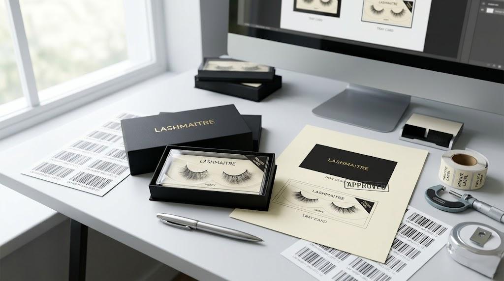 LASHMAITRE wispy lash private label packaging proof with tray card and approved sample