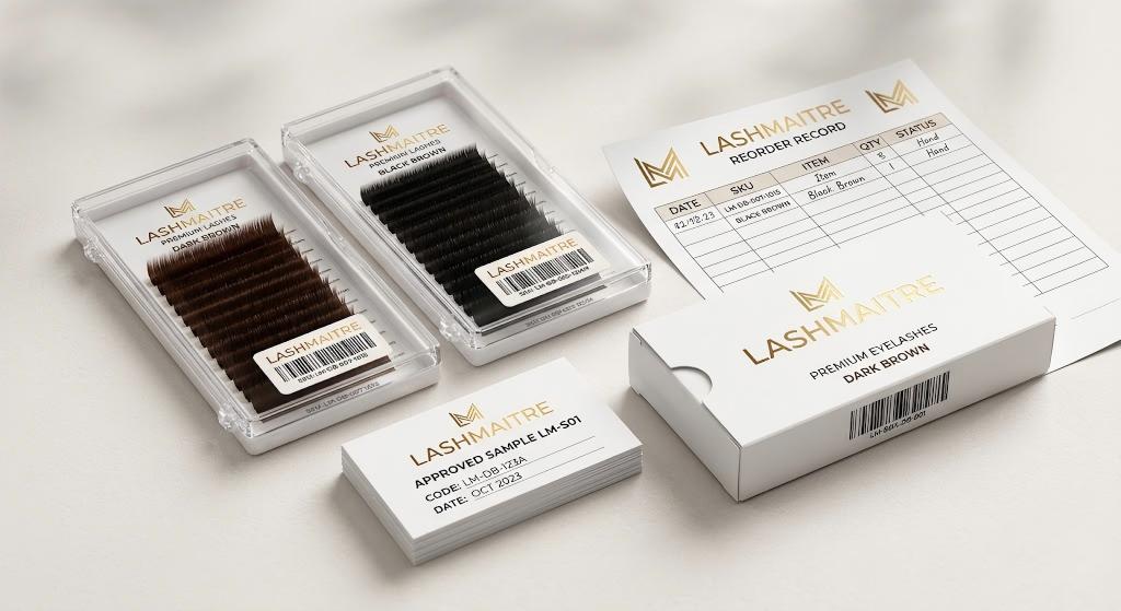 dark brown lash extensions - LASHMAITRE brown shade SKU and reorder card with approved sample code and box proof